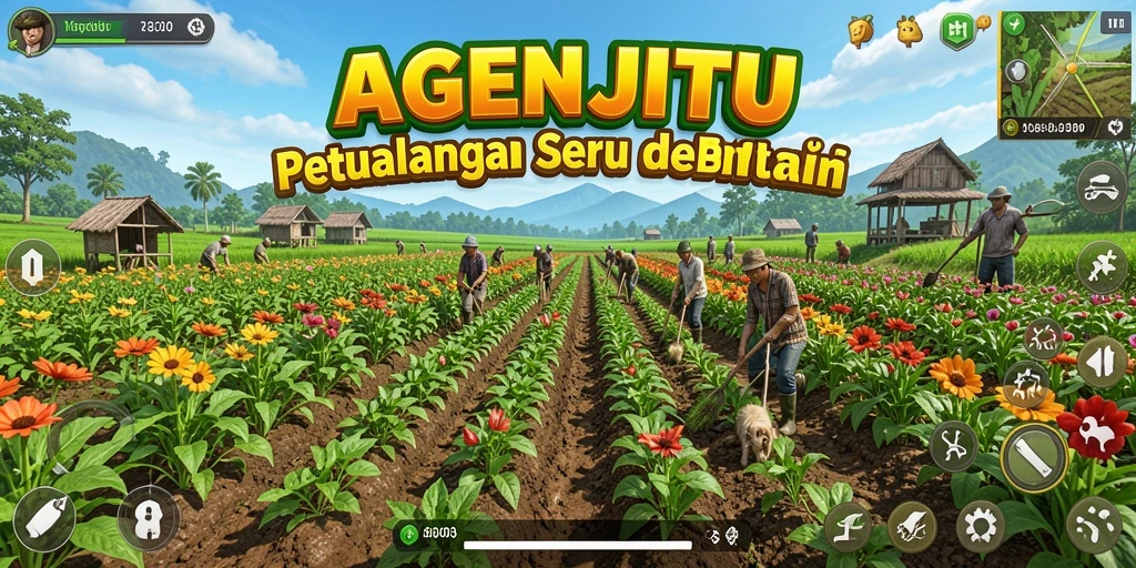 Tangkapan layar utama AGENJITU menunjukkan aktivitas bertani yang menyenangkan.