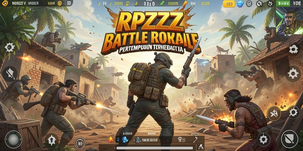 Screenshot utama RPZZZ menampilkan aksi pertempuran sengit di arena Battle Royale.